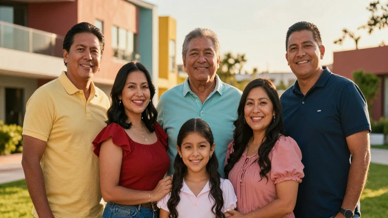 Familia mexicana sonriente en cálido atardecer