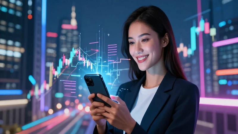 Joven atractiva con móvil mostrando datos financieros