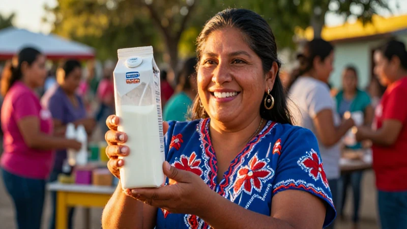Madre mexicana feliz con leche en hora dorada