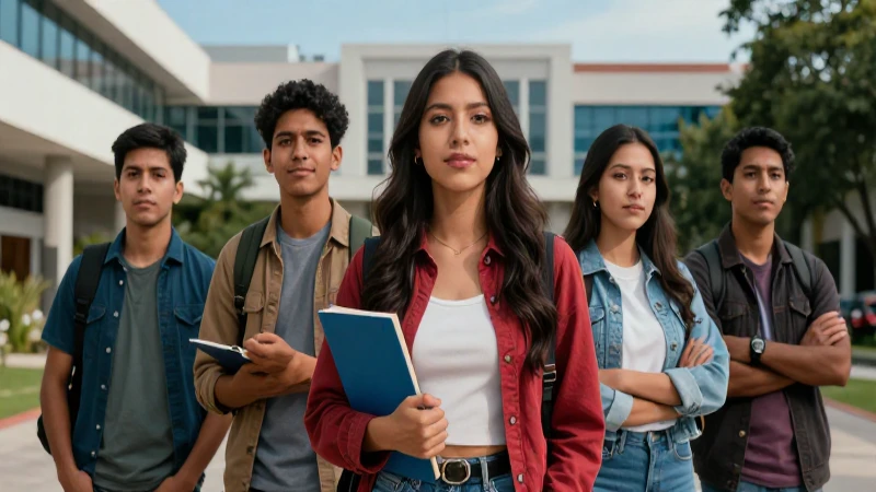 Estudiantes mexicanos ambiciosos en campus moderno