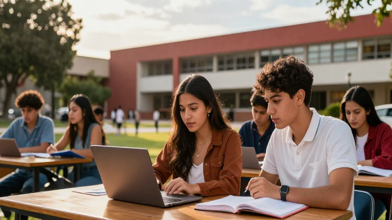 Estudiante mexicano estudiando en campus vibrante