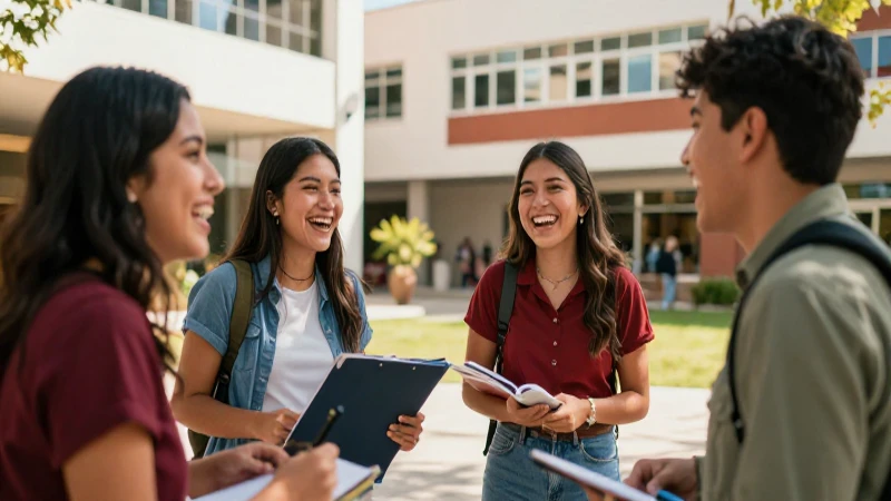 Estudiantes mexicanos alegres en un campus moderno