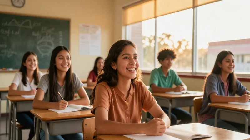 Estudiante feliz mexicano en aula moderna