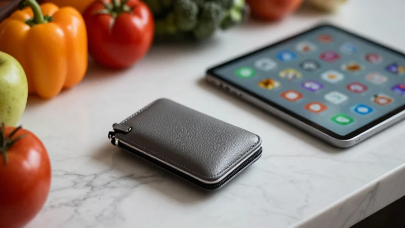 Cartera elegante en mármol, junto a tablet y frutas