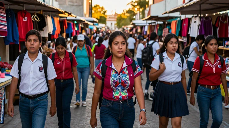 Estudiantes mexicanos en mercado vibrante al atardecer