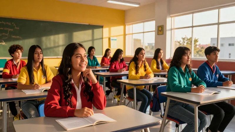 Estudiantes mexicanos en aula moderna con luz dorada
