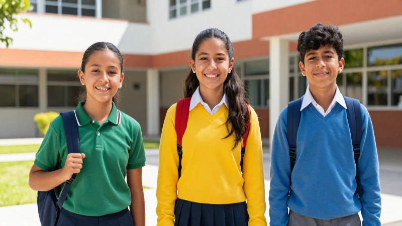 Estudiantes mexicanos con uniformes vibrantes en campus moderno