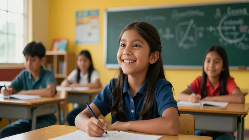 Estudiante mexicano feliz en aula moderna y vibrante