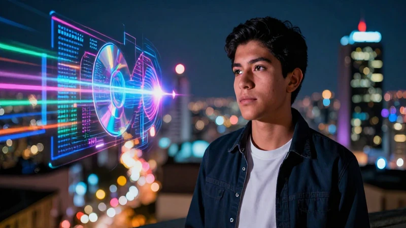 Estudiante mexicano en ciudad digital futurista vibrante