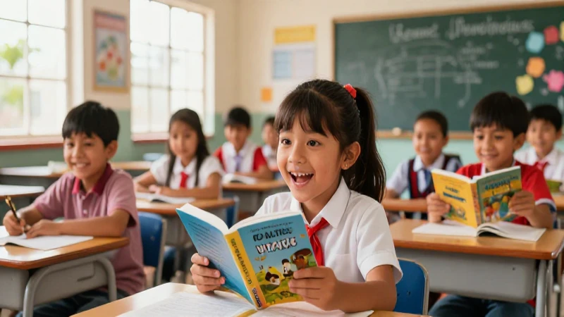Niños mexicanos alegres en aula moderna ilustrada