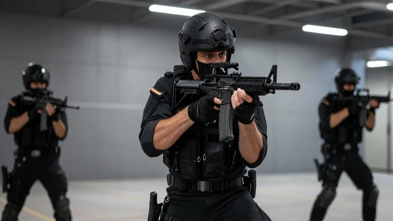 Guarda español decidido en entrenamiento moderno