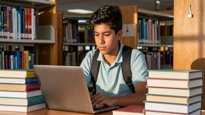 Estudiante mexicano en biblioteca, luz dorada y detalles nítidos