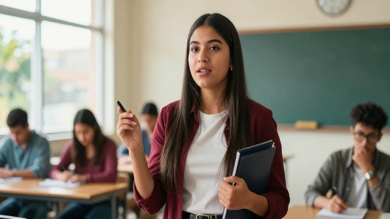 Joven mexicana habla inglés en aula moderna