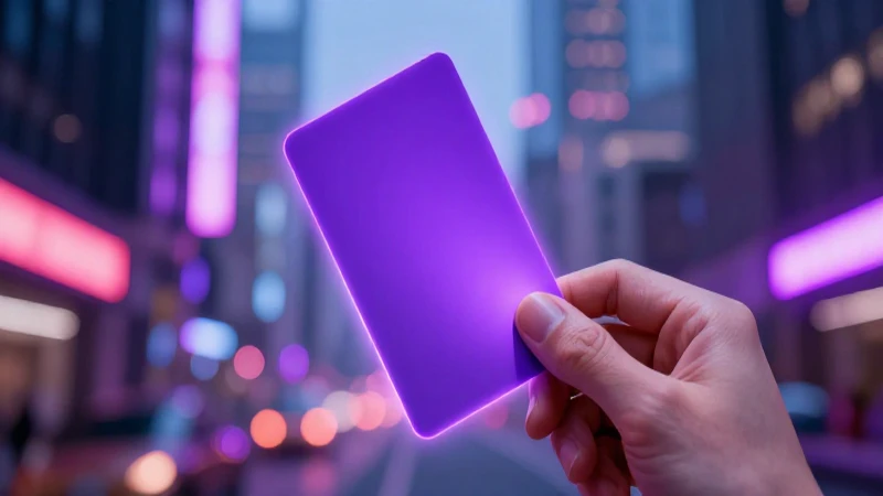 Mano con tarjeta violeta en ciudad vibrante