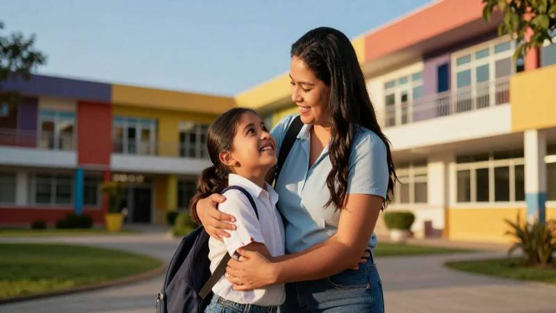 Madre mexicana feliz con su hijo en una escuela vibrante