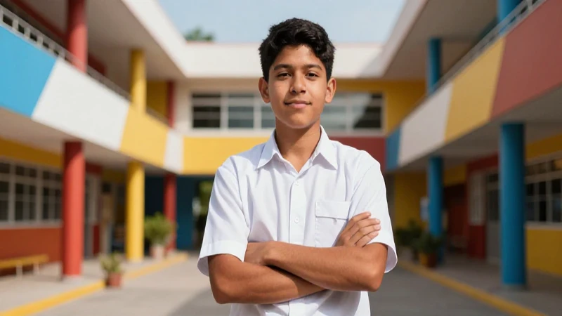 Estudiante mexicano exitoso en campus moderno