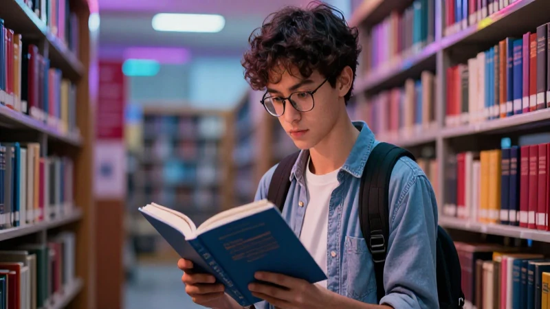 Estudiante enfocado en biblioteca académica moderna