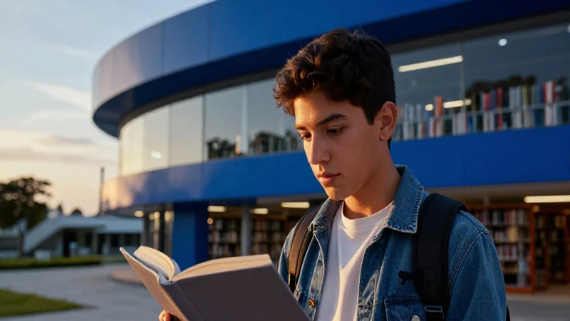 Estudiante mexicano en biblioteca futurista con luz dorada