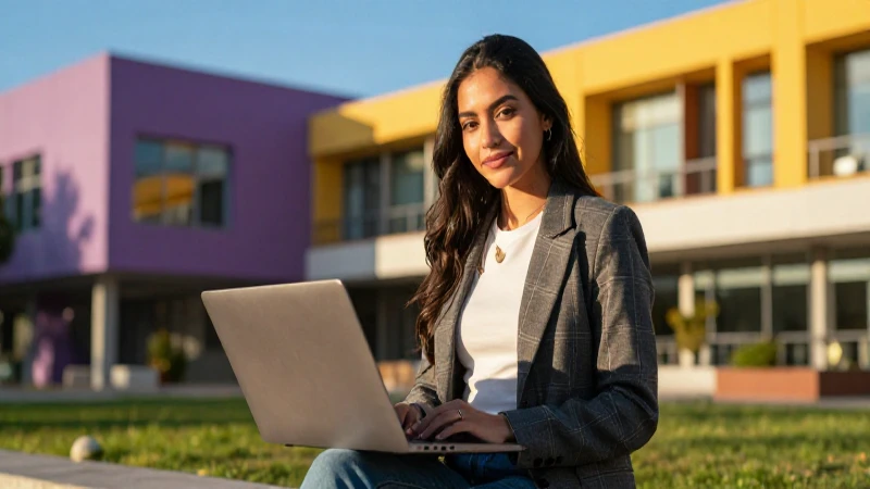 Joven mexicana confiada estudia en campus moderno