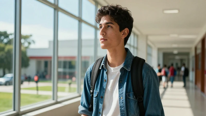 Estudiante mexicano en campus moderno y luminoso