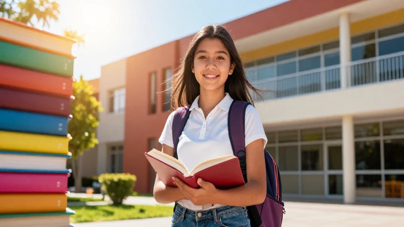 Estudiante mexicano en campus vibrante y soleado