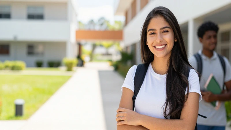 Estudiante mexicano sonriente en campus moderno y vibrante