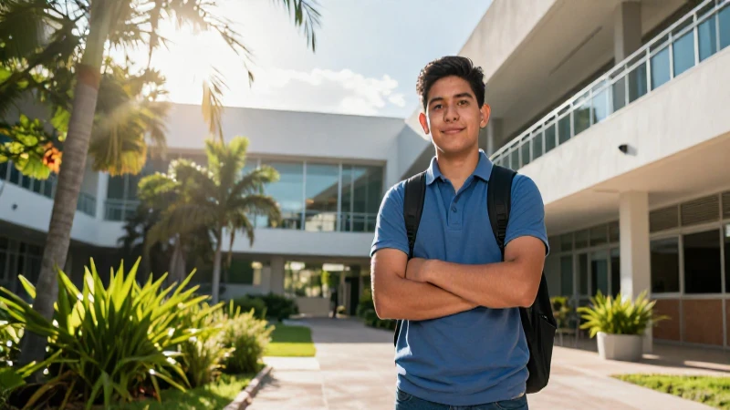 Estudiante mexicano universitario con gran confianza en campus moderno