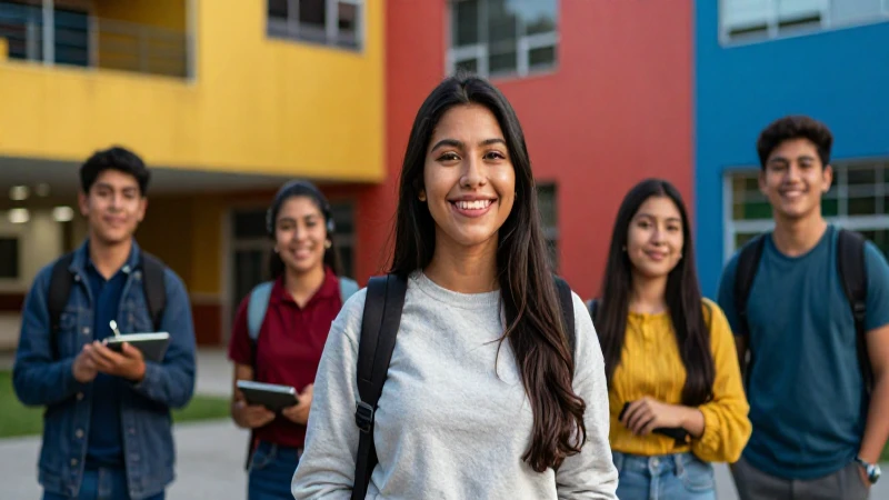 Estudiante sonriente en campus mexicano moderno