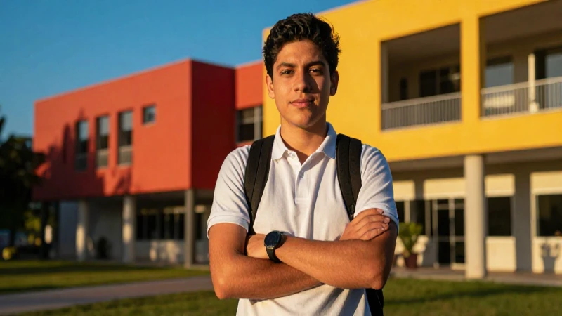 Estudiante mexicano vibrante en campus dorado