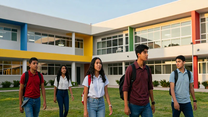 Estudiantes mexicanos en campus moderno y brillante