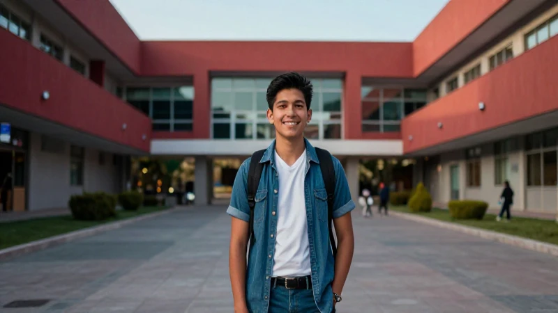 Estudiante mexicano sonriendo en moderno campus universitario