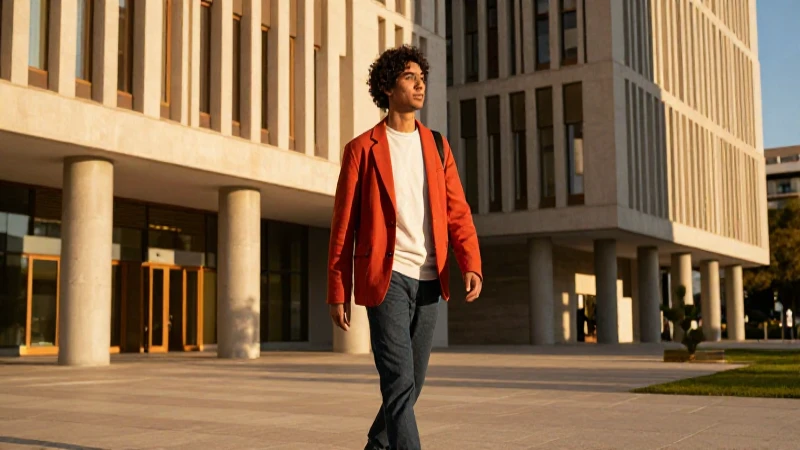 Estudiante joven camina por arquitectura moderna bajo luz dorada
