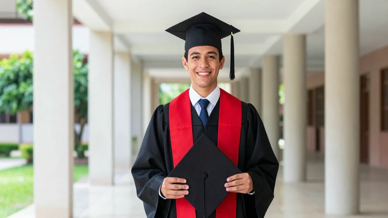 Graduado mexicano sonriente en pasillo universitario