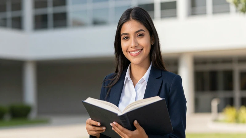 Joven mexicana sonriente con libro en campus moderno
