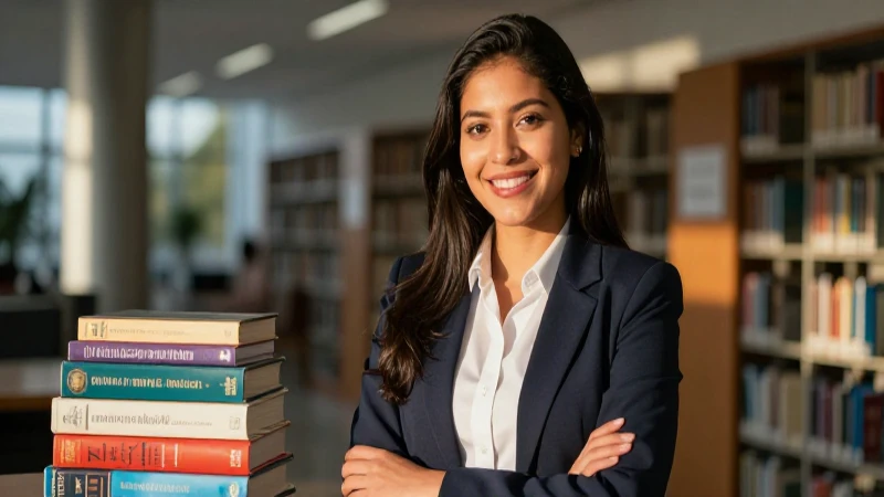Profesional mexicana sonríe en biblioteca académica