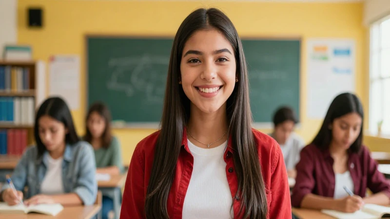 Estudiante mexicana feliz en aula moderna
