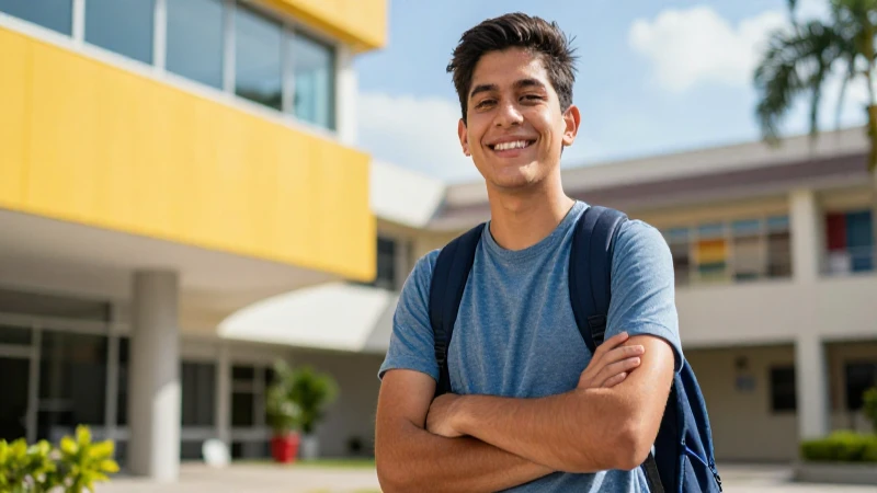 Joven estudiante mexicano sonriente en campus moderno