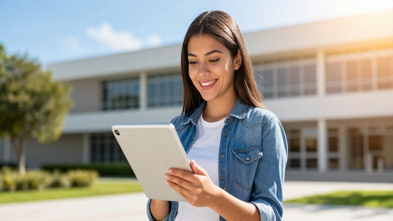 Joven mexicana sonríe frente a su tableta digital