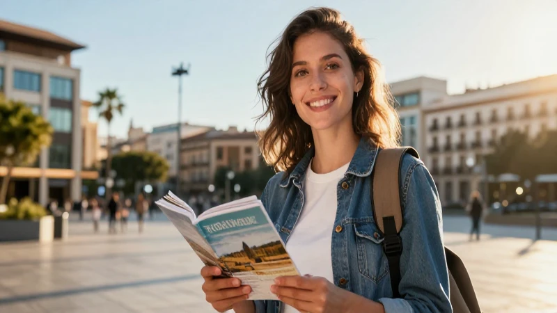 Joven interino sonríe en plaza española moderna
