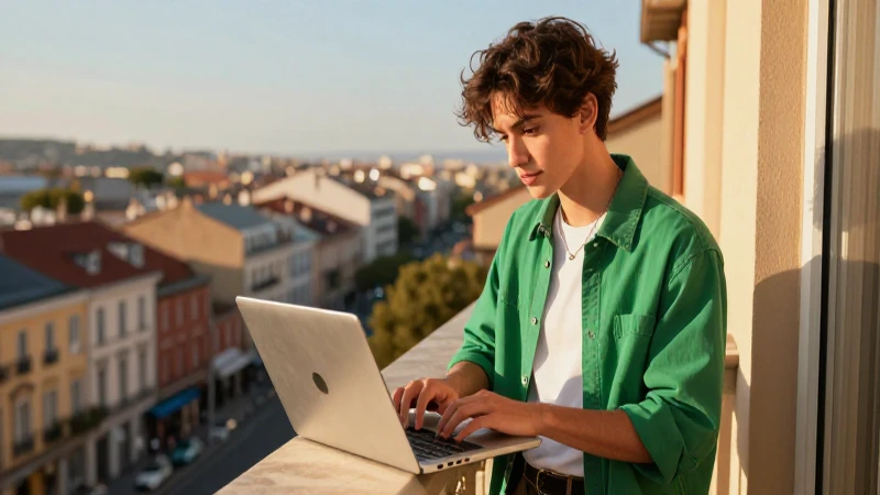 Estudiante moderno en balcón europeo vibrante