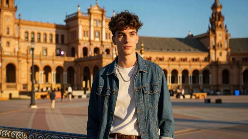 Estudiante español elegante en plaza mediterránea al atardecer