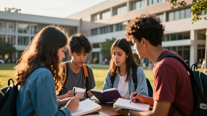 Cuál es la duración del ciclo escolar en tu país 19 Estudiantes colaborando en campus moderno y dorado