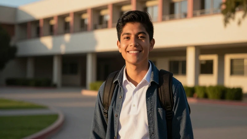 Estudiante mexicano vibrante, sonriendo en campus moderno