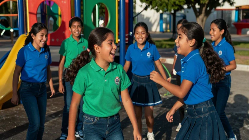 Mexican niños sonrientes en un patio soleado