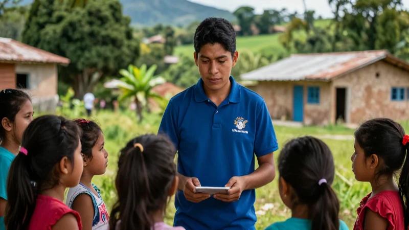 Voluntario mexicano en un pueblo rural vibrante