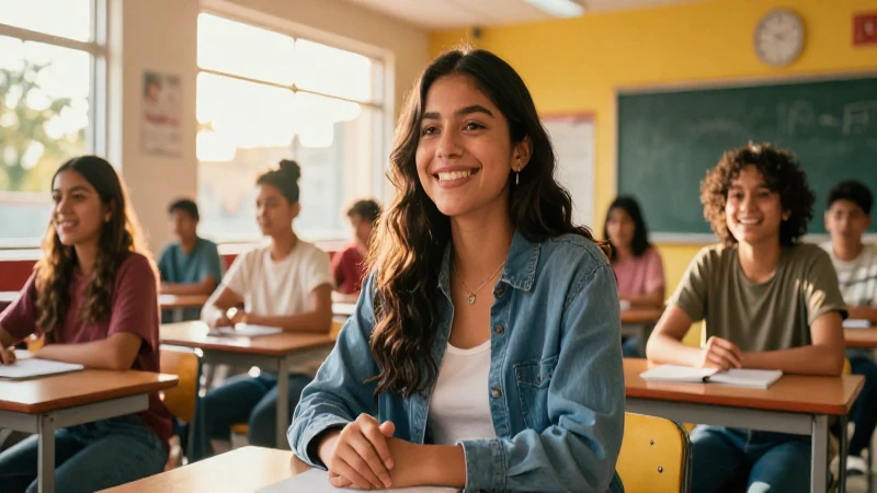 Estudiante mexicano sonriendo en aula luminosa