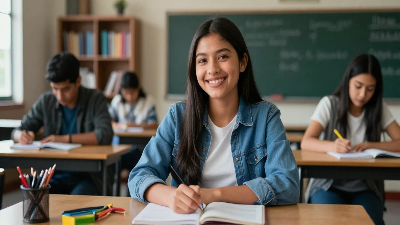 Estudiante mexicano sonríe en aula vibrante