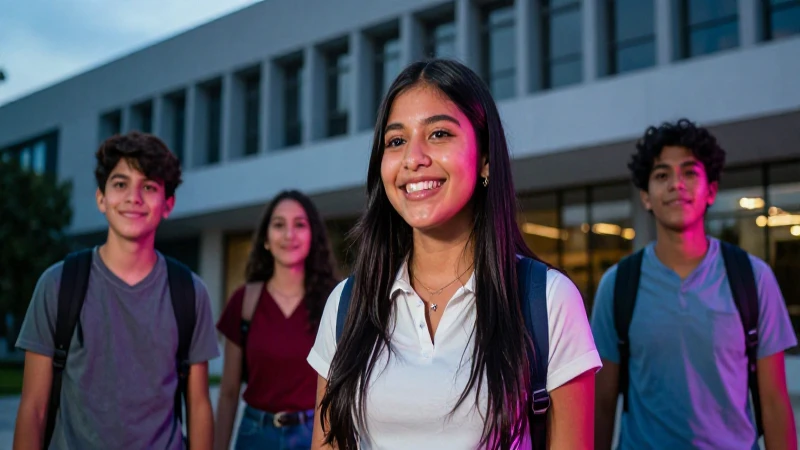 Estudiante mexicano sonriendo en campus moderno