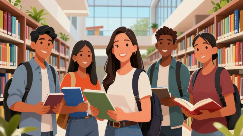 Universitarios mexicanos sonriendo en biblioteca moderna
