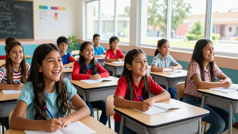 Niños mexicanos sonrientes en aula moderna